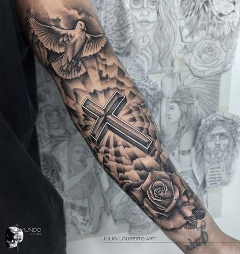 Religious Tattoos For Men, Christus Tattoo, Cloud Tattoo Sleeve, Religion Tattoos, Forearm Cover Up Tattoos, Scroll Tattoos, Justice Tattoo, Half Sleeve Tattoos Forearm, Christian Sleeve Tattoo