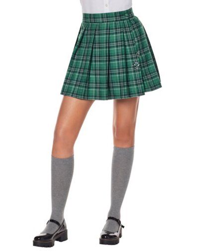 Complete your Harry Potter-inspired Halloween costume when you get this officially licensed Slytherin Skirt! This plaid skirt features the iconic Slytherin logo, serving as the perfect finishing touch to your incredible outfit. Officially licensed Includes: Skirt Material: Polyester, rayon Care: Spot clean Improted Note: Shirt, shoes, and accessories sold separately Slytherin Costume Women, Exhibit Outfit, Slytherin Skirt, Harry Potter Gryffindor Logo, Slytherin Logo, Slytherin Costume, Home Halloween Costumes, Halloween Spirit Store, Harry Potter Halloween Costumes