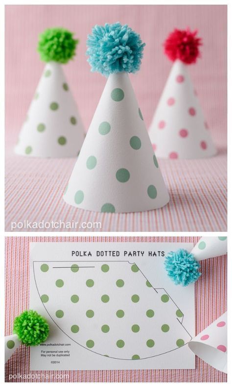 FREE printable Polka Dot Party Hats (+DIY pompom tutorial) Party Hats Diy, Γενέθλια Mickey Mouse, Hats Ideas, Paper Hats, Polka Dot Party, Party Printables Free, Festa Party, Diy Hat, Printable Party