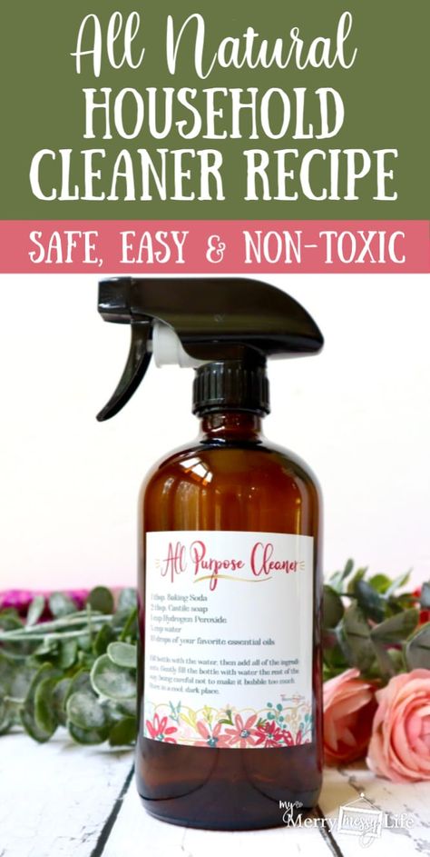 DIY Natural All Purpose Household Cleaner Recipe using Baking Soda, Castile Soap, Hydrogen Peroxide and Essential Oils via @MerryMessyLife Thieves Household Cleaner Recipe, Natural Glass Cleaner, Glass Cleaner Recipe, Homemade All Purpose Cleaner, Homemade Glass Cleaner, Messy Life, Thieves Essential Oil, All Purpose Cleaner, Cinnamon Essential Oil