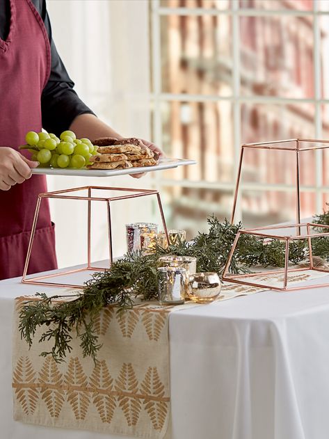 Food Display Stands Buffet, Table Risers Diy Ideas Wedding, Grazing Table Risers, Spring Food Table Display, Wedding Reception Sandwich Buffet, Reception Serving Table Ideas, Tiered Buffet Display, How To Display Food At Different Heights, Buffet Risers Diy