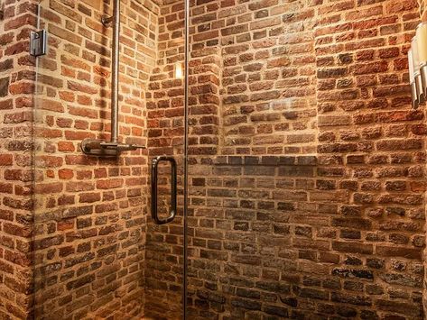 Brick Tile Shower, Exposed Brick Bathroom, Brick Bathroom, Small Half Bathroom, Spa Lighting, Barn House Design, Shower Box, Cement Walls, Barn Style House Plans