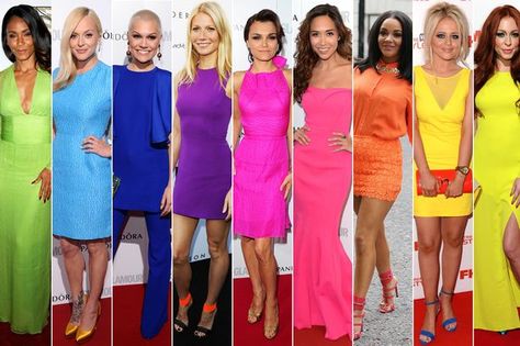 neon dress fashion trend Neon Color Dress, Rainbow Dresses, Rainbow Clothes, Neon Dress, Bright Outfit, Caroline Flack, Neon Dresses, Bright Dress, Neon Outfits