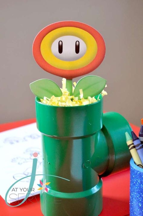 Nate's 3rd Birthday | CatchMyParty.com Mario Bros Birthday Party Centerpieces, Mario Party Centerpieces Ideas, Super Mario Bros Centerpiece Ideas, Super Mario Centerpieces, Luigi Party, Luigi Birthday, Super Mario Brothers Birthday Party, Super Mario Bros Party Ideas, Super Mario Brothers Party