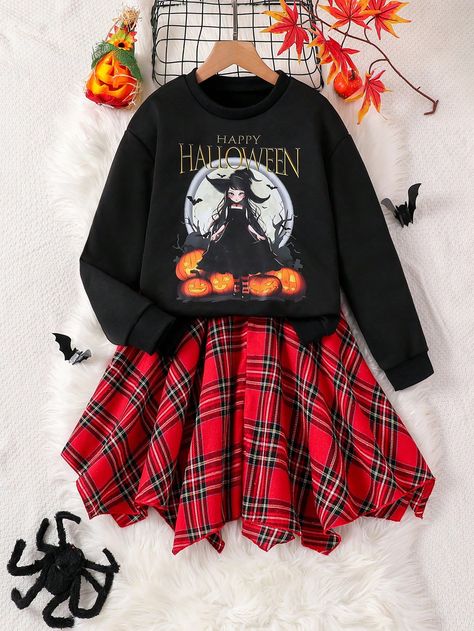 2pcs/Set Tween Girls Trendy Halloween, Bat, Pumpkin Graphic Sweatshirt And Skirts Set Multicolor       Non-Stretch  Tween Girls Clothing, size features are:Bust: ,Length: ,Sleeve Length: October Outfits, Bat Pumpkin, Pumpkin Graphic, Halloween Bat, Trendy Halloween, Birthday List, Crop Top Outfits, Elegant Dresses Long, Halloween Fashion