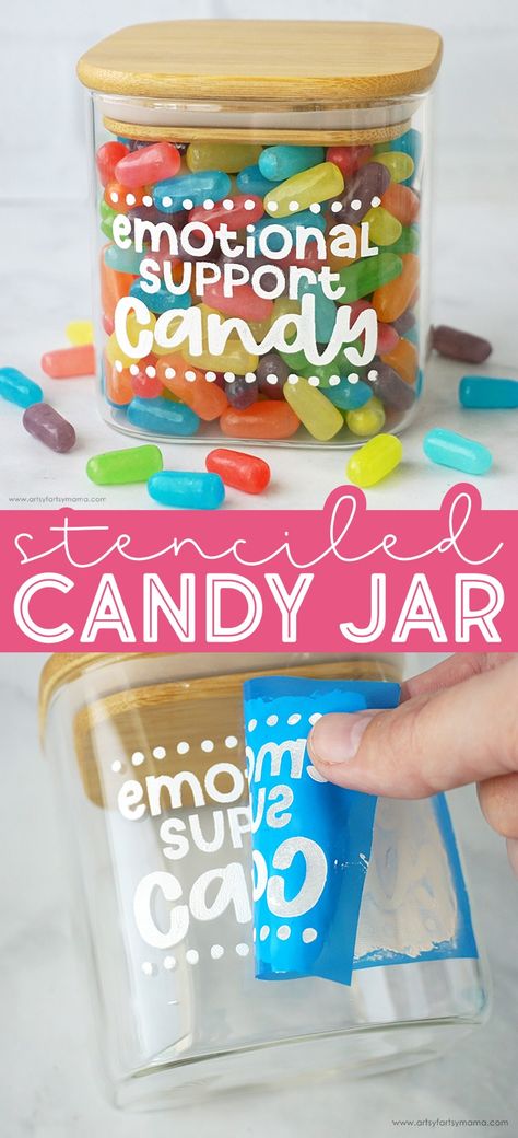 DIY "Emotional Support Candy" Jar #ikonart #ikonartstencils #emotionalsupport #candyjar #diystencils #stencils #screenprint #silkscreen #diysilkscreen @ikonartstencil Lolly Jar Gift Ideas, Personalized Candy Jar, Candy Jar Svg Free, Cute Candy Jar Sayings, Desk Candy Jar, Resell Business, Office Candy Jar, Personalized Candy Jars, Candy Jars Diy