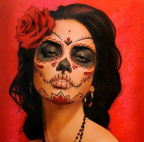 Mexican Skull Face Paint, Skeleton Makeup Day Of The Dead, Day Of The Dead Face Paint Simple, Sugar Skull Face Paint For Women, Mexican Sugar Skull Makeup, Red Day Of The Dead Makeup, Pink Day Of The Dead Makeup, Catrina Face Makeup, Red Catrina Makeup