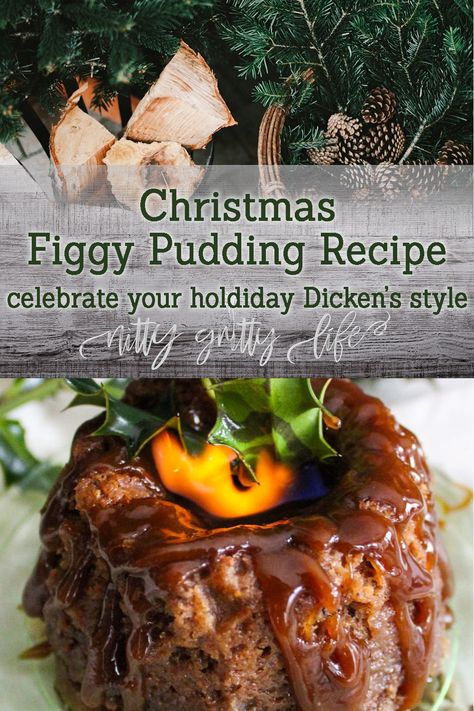 This figgy pudding recipe, steeped in tradition, is sure to excite even the Ebenezer Scrooge types with its fruity sweetness & spectacular flaming presentation.  Create new Christmas traditions with this heirloom recipe. #christmasrecipe #christmaspudding #figgypudding Christmas Figgy Pudding, Flaming Christmas Pudding, Fig Pudding Christmas, Colonial Christmas Recipes, British Christmas Pudding Recipe, Figgie Pudding Recipe, Victorian Christmas Desserts, Christmas Puddings Ideas, Fig Pudding Recipe