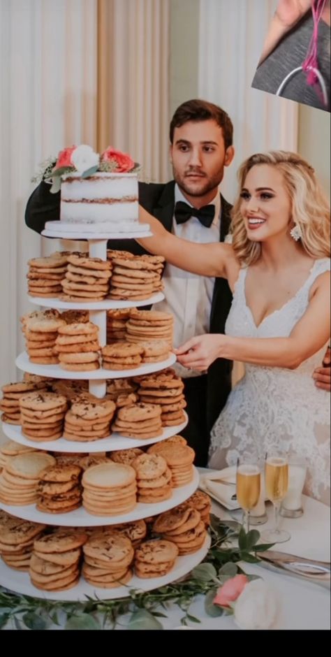 Small Wedding Set Up Ideas, Bride Ideas Wedding, Cookies Instead Of Wedding Cake, Non Wedding Cake Ideas Dessert Tables, Cannoli Dessert Table, Cake For Each Table Wedding, Sweets Table At Wedding, Wedding Cake With Cookie Tiers, Wedding Cupcake Display With Cake