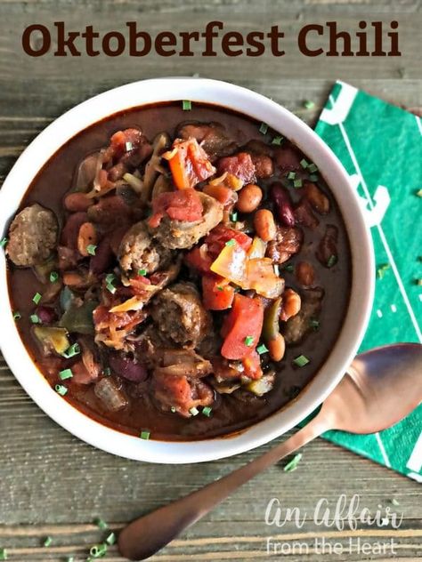 Oktoberfest Chili Oktoberfest Chili, Bratwurst And Sauerkraut, Classic Chili, Oktoberfest Food, Meals Recipes, Molecular Gastronomy, Keto Meal Prep, Chili Recipe, Food Journal