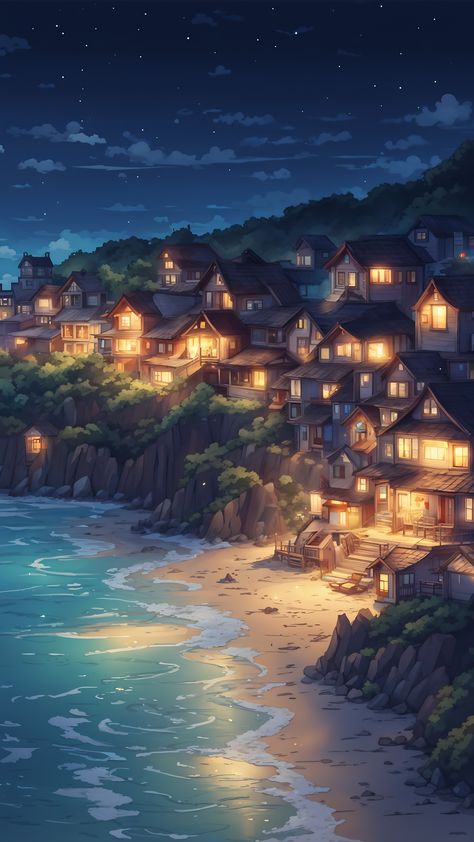 a seaside village Coastal Town Aesthetic Dark, Fantasy Beach Village, Fantasy Beach City, Seaside Village Aesthetic, Seaside Kingdom, Sea Side Town, Anime Village, Beach Town Aesthetic, Book Concept