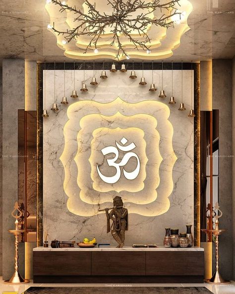 interior design fc on Instagram: “A Hindu home is incomplete without a mandir where the family can pray, meditate or perform daily puja. Today’s urban lifestyle has led us…” Puja Unit Design, Sala Yoga, Mandir Designs, Temple Room, India House, Mandir Design, Temple Design For Home, Pooja Mandir, Pooja Room Door Design