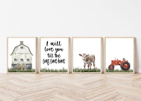 "Adorable Farm themed nursery print set for your baby's nursery or kids' room. Barn, Tractor and Cow HANDMADE IN THE USA. I create and package every piece of art myself to ensure the highest quality possible for every print I sell.  1 Set of 4 Prints. Each print from 5\"x7\" (postcard size) to 11\"x14\".  Sizes are in Inches.   I print, inspect, and package all my art in my home studio in Central Florida. Nothing is mass-produced. I use a Canon wide-format printer with Canon Lucia inks to deliver pure, rich colors and superior longevity. Please note that colors may vary slightly from what you see on your screen, as monitors reflect all colors differently." We Will Love You Til The Cows Come Home, Farming Nursery Theme, Farm Themed Room, Farm Baby Room Ideas, Tractor Kids Room, Kids Tractor Room, Farm Themed Bedroom Boys, Tractor Themed Nursery, Boy Nursery Farm Theme