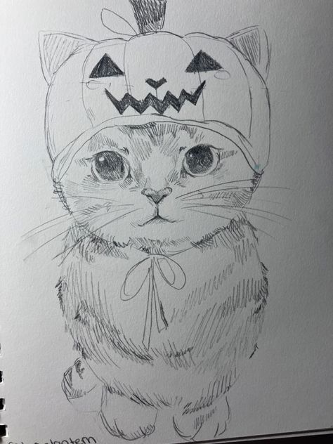 #halloween #halloweencat #catdrawings #cat #kitty #cutecat Pumpkin Color Pencil Drawing, Cat With Christmas Hat Drawing, Cat In Pumpkin Drawing, Cat Sketch Pencil, November Drawings, Funny Cat Drawings, Christmas Sketch Ideas, Jackolantern Drawing, Halloween Cat Drawing