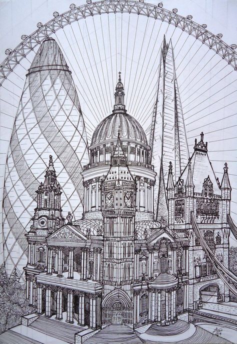 A combination of structures that impressed me during my visit to London in 2011. The London Tower Bridge, the Shard, the St. Paul's Cathedral, the Westminster Road Bridge, the Gherkin Tower, the en... The Shard Drawing, London Drawing Sketches, London Landmarks Illustration, British Drawing, Gherkin London, London Drawing, The London Eye, Building Drawing, London Architecture