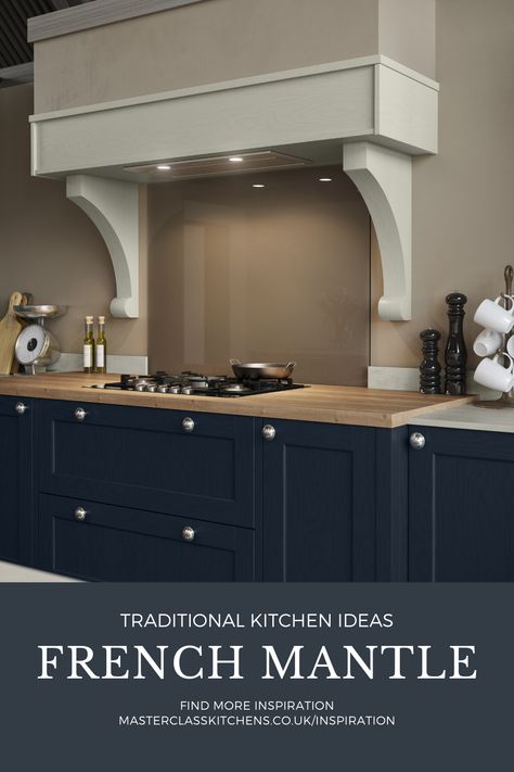 Cooker Mantle Ideas, Kitchen Overmantle, Kitchen Mantle Ideas, Chimney Kitchen Ideas, Cooker Hood Ideas, New Victorian Homes, Traditional Kitchen Ideas, Kitchen Mantle, Shaker Kitchen Design