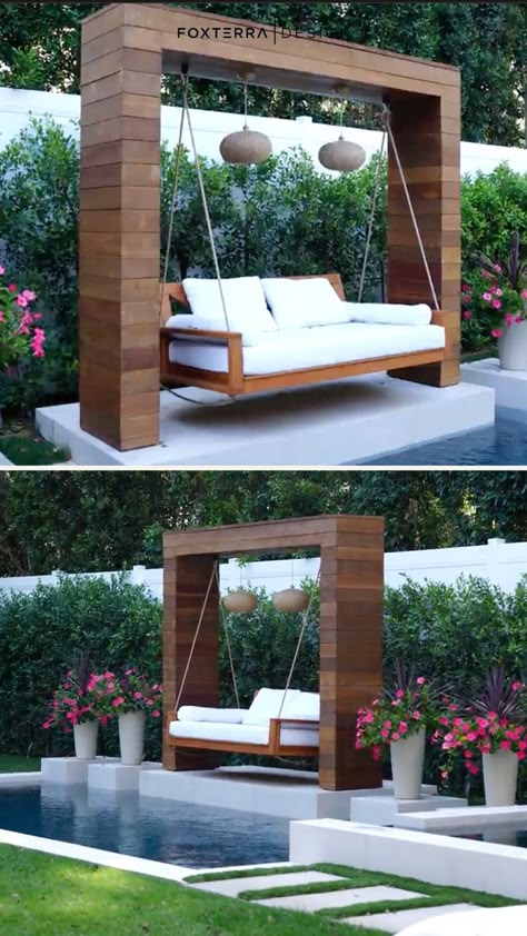 Simple Small Backyard, Small Backyard Pool, Swing Bed, Backyard Swings, Modern Backyard Landscaping, Patio Garden Design, Backyard Landscape, Modern Backyard, Outdoor Gardens Design