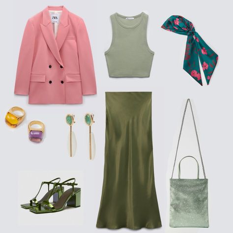 Olive Satin Pants Outfit, Pink Olive Outfit, Olive Green Satin Skirt Outfit, Olive Satin Skirt Outfit, Blazer And Satin Skirt, Olive Green And Pink Outfit, Olive Green Skirt Outfit, Green Satin Skirt Outfit, Green Satin Skirt