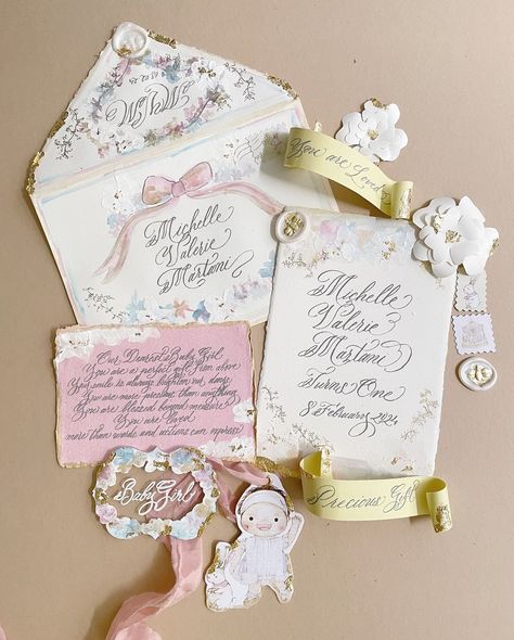 Meilifluous Calligraphy | Styled shoot invitation set for 1 year old Michelle Valerie Martani #birthday #keepsake #calligraphy #writtenbymei Calligraphy Stationery, Acrylic Signage, Invitation Calligraphy, Milestone Cards, Wedding Calligraphy, Theme Ideas, Place Card, Invitation Set, Modern Calligraphy