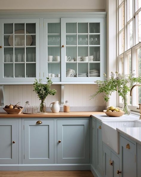 Interior • Instagram Muted Blue Cabinets Kitchen, Robin Egg Blue Cabinets, Kitchen Cabinet Ideas For Small Kitchens, Kitchen Design Colourful, Kitchen Design Light Colors, Blue Cabinets Kitchen Backsplash, Soft Kitchen Colors, Duck Egg Kitchen Cabinets, Light Blue Cottage Kitchen