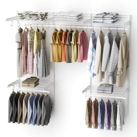 PRICES MAY VARY. Wider Mesh Design: Unlike typical closet systems on the market, our closet shelves feature wider iron meshes. This upgrade not only increases storage capacity but also enhances stability, making it more suitable for hanging clothes of various shoulder widths. Weight Capacity: Rigorously tested, our wall-mounted closet shelves can support up to 22 lbs on the iron mesh, while the extendable hanging rods can hold up to 66 lbs. This robust capacity ensures reliable storage for every Hanging Clothes Without A Closet, Closet Shelving System, Wire Closet Systems, Wall Mounted Closet, Diy Closet System, Closet Organizer Kits, Closet Shelving, Free Standing Closet, Maximize Small Space