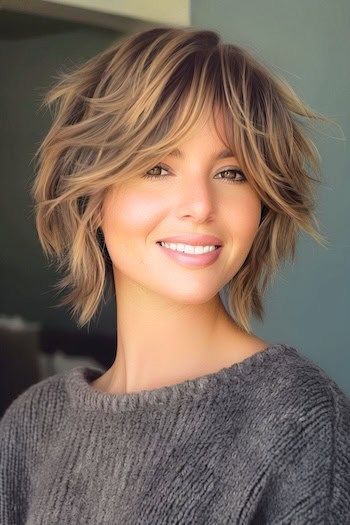 30 Trendy Short Shag Hairstyles For A Fresh New Look - The Hairstyle Edit Shag Bob Curtain Bangs, Short Shag Hairstyles With Curtain Bangs, Short Layered Hair With Fringe, Cute Short Shag Haircuts, Textured Shag Haircut Medium, Short Hairstyle Inspiration, Shag Hairstyles Fine Hair, Shag With Bangs Over 40, Balayage Shag Hair