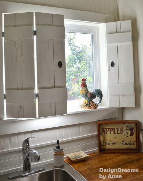 15 Awesome DIY Projects | Confessions of a Serial Do-it-Yourselfer Diy Indoor Shutters, Indoor Shutters, Rustic Shutters, Hemma Diy, Window Shutters, Kitchen Window, Farmhouse Kitchen Decor, Rustic Diy, Country Kitchen