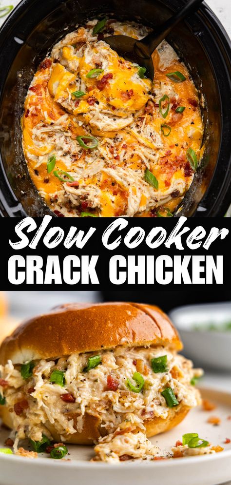 A collage image of crack chicken in the slow cooker and as a chicken sandwich. Chicken Shawarma Recipe, Eating On A Dime, Chicken Casserole Recipe, Chicken Crockpot Recipes Easy, Crock Pots, Shredded Chicken Recipes, Chicken Slow Cooker Recipes, Best Chicken Recipes, Dinner Options