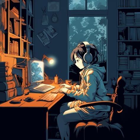 Night Study Aesthetic Anime, Anime Using Computer, Night Room Drawing, Studying Girl Cartoon, Anime Headphones Aesthetic, Night Room Illustration, Girl Studying Illustration, Study Room Drawing, Manga Studying