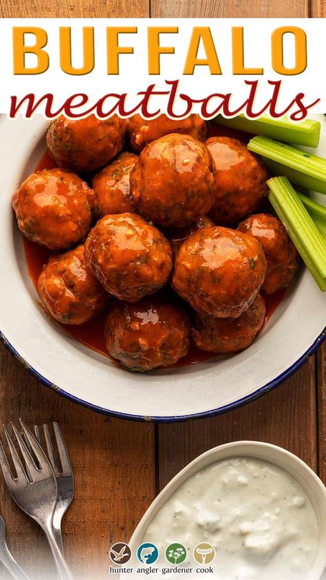 Buffalo Turkey Meatballs, Buffalo Meatballs, Venison Meatballs, Ground Beef Meatballs, Bison Meat, Buffalo Meat, Buffalo Recipe, Buffalo Chicken Meatballs, Game Meat