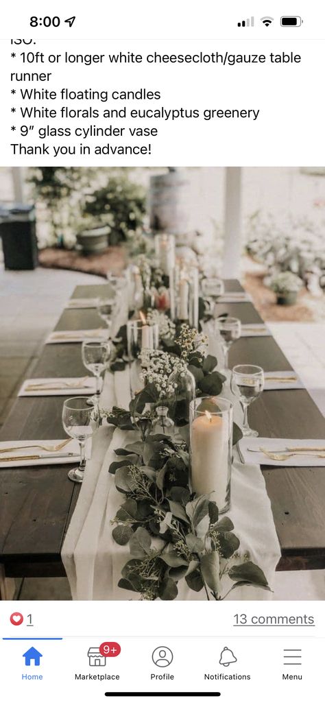 Simple Wedding Table Greenery, Farm Table With Greenery And Candles, Long Table Wedding Centerpieces Simple Runners, Long Tables At Wedding Reception, Candles On Farmhouse Table Wedding, Sage Green Wedding Long Table, Table Numbers On Long Tables, Table Runner Decor Wedding, Greenery Table Runner Wedding Simple