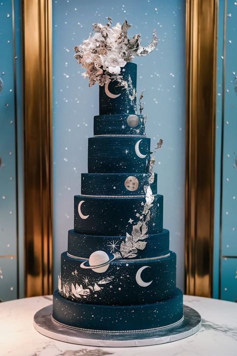 Galactic Glamour: A Starry Sky-Inspired Birthday Cake Wedding Cake Galaxy, Amazing Cakes Unique, Extravagant Desserts, Galactic Glamour, Eclipse Wedding, Glamour Birthday, Star Wars Wedding Cake, Celestial Wedding Theme, Quince Cakes