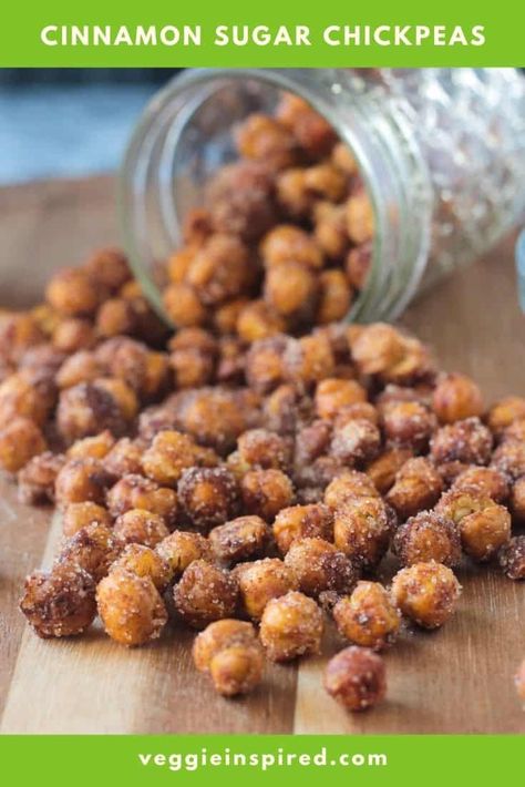 Crunchy, sweet, and totally delicious, these Cinnamon Sugar Roasted Chickpeas are perfect for snacking all year round! Great for after school snacks, late night munchies, or holiday party nibbles. Quick and easy to make! Roasted Chickpeas Snack, Chickpea Recipes Roasted, Party Nibbles, Chickpea Snacks, Crunchy Chickpeas, Vegan Snack Recipes, Pea Recipes, Vegan Sides, Chickpea Recipes