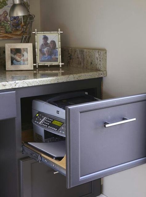 Office printers can be quite heavy and they definitely take a lot of space on your office, especially if you own one of those large, commercial laser printers. Here is a great idea to keep your printer hidden. Office With Printer, Office Layout Plan, Diy Office Desk, Home Office Layout, Yellow Bathroom, Bedroom Drawers, Yellow Bathrooms, Office Layout, Grey Flooring