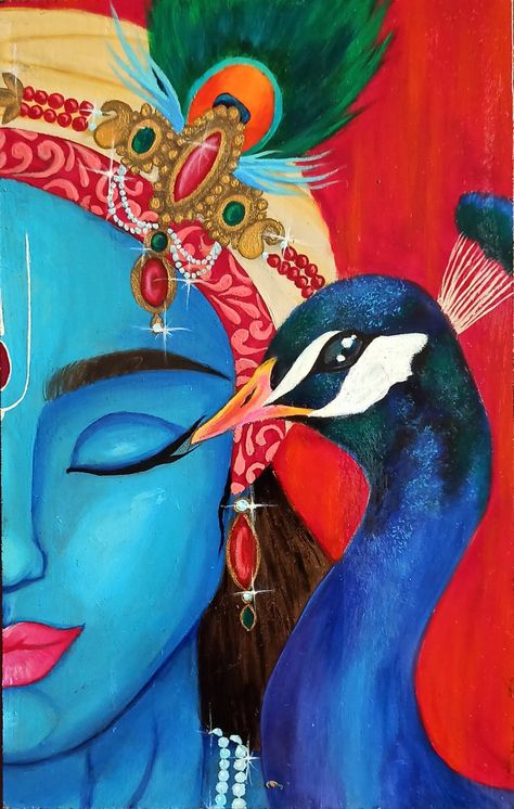 Krishna With Peacock, Krishna Vasudev, Radha Krishna Drawing, Peacock Drawing, Modern Art Canvas Painting, Krishna Drawing, Boho Art Drawings, Buddha Art Painting, Sri Krishna