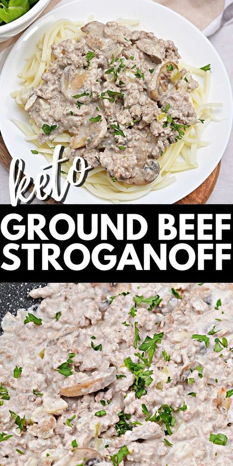 Keto Ground Beef Stroganoff - Make a classic German recipe that's also keto-friendly. This keto ground beef stroganoff is the perfect meal for busy weeknight dinners. #keto #ketorecipes #Ketodiet #Ketogroundbeefstroganoff #ketostroganoff #groundbeefstroganoff #stroganoff #groundbeef #dinner #food #recipes Keto Ground Beef Stroganoff, Hamburger Stroganoff Recipe, Ground Beef Stroganoff Recipe, Low Sugar Diet Recipes, Keto Ground Beef, Beef Stroganoff Recipe, Beef Stroganoff Easy, Ground Beef Stroganoff, Beef Ground