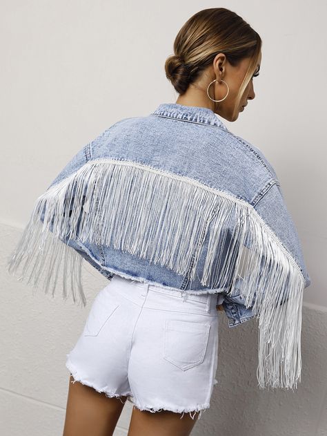 Crop Denim Jacket, Denim And Diamonds, Custom Jeans, Crop Jean Jacket, Couture Jackets, Fringe Jacket, Jacket Outfit, Cropped Denim Jacket, Denim Jacket Women