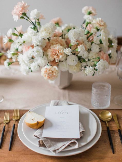 Clean & minimalist bridal style in a neutral palette | Toronto Wedding Inspiration Carnation Wedding Centerpieces, Carnation Centerpieces, Carnation Wedding, Woods Wedding, Low Centerpieces, Wedding Floral Centerpieces, Beach Wedding Inspiration, Carnation Flower, Peach Wedding