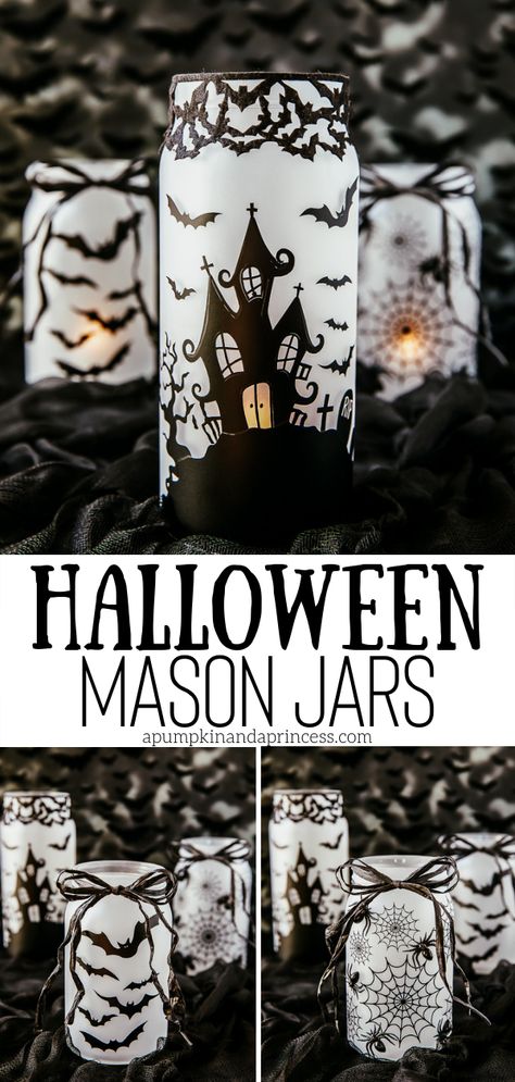 DIY Halloween Mason Jars - A Pumpkin And A Princess Halloween Mason Jars Diy, Mason Jar Halloween Crafts, Halloween Nail Ideas, Halloween Lights Decorations, Halloween Jars, Halloween Mason Jars, Halloween Tablescape, Halloween Bottles, Halloween Lanterns