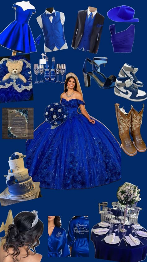 Surprise Dance Outfits Quinceanera Royal Blue, Royal Blue Quinceanera Dresses Silver, Royal Blue Quince Decorations, Royal Blue And Silver Quinceanera Theme, Blue And Silver Quinceanera Ideas, Quinceanera Colors, Night Under The Stars Party, Navy Blue Quinceanera Ideas, Quinceañera Royal Blue