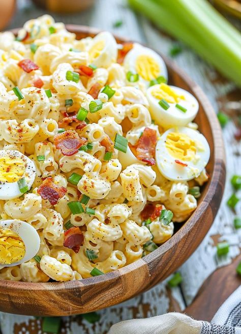 My Delish Recipes Deviled Egg Pasta Salad Southern Living, Deviled Eggs Macaroni Salad, Elbow Salad Recipes, Salad For Potluck, Deviled Egg Macaroni Salad, Sides For Burgers, Pink Sleepover, Deviled Egg Pasta Salad, Egg Macaroni Salad