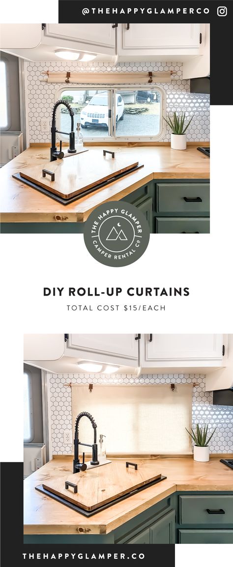 Follow these easy step-by-step instructions to make your own roll-up shades! They are made from a paint drop cloth, leather strap material, wooden dowels, and some clasps/D rings. The average cost per curtain comes out to $15. That’s a huge savings for your RV renovation, plus they are lightweight and fashionable. Follow @thehappyglamperco on instagram to see the RV renovation progress! Rv Diy, Rv Curtains, Camper Curtains, Canvas Curtains, Roll Up Curtains, Motorhome Remodel, Glamper Camper, Rv Interior Remodel, Happy Glamper