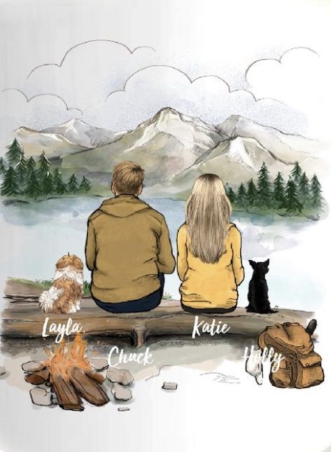 Camping Drawing, Couple Camping, Cute Dog Drawing, Dog Sketch, Family Painting, Dog Vector, Paris Art, Cute Love Cartoons, Love Illustration