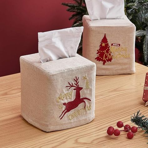 Amazon.com: Christmas Tissue Box Cover Square - Linen Tissue Box Holder Rectangular as Xmas Embroidered Gifts Boho Cube Tissue Holder Box Cover for Bathroom Rectangle Tissue Cover Box Set Marry Christmas : Home & Kitchen Gifts Boho, Christmas Tree Collection, Christmas Bathroom Decor, Tissue Cover, Christmas Linen, Spode Christmas Tree, Spode Christmas, Married Christmas, Embroidered Gifts