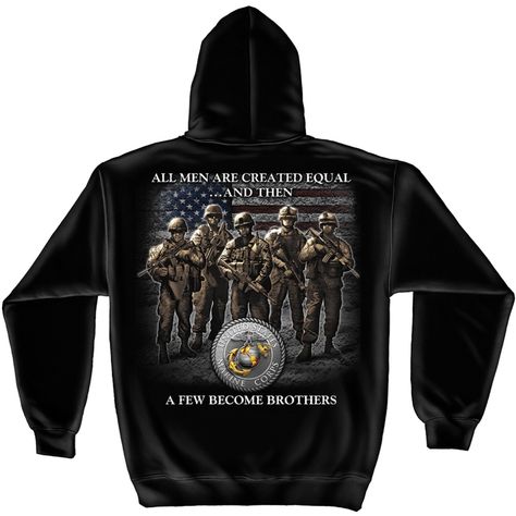 USMC Brotherhood Hooded Sweatshirts (EBHS138)     50% cotton   50% polyester   Air jet yarn   Double-needle stitching throughout   1x1 ribbed cuffs and waistband with spandex   Pouch pocket   Double-lined hood with drawstring   Imported Marine Hoodie, Army Shirts, Mens Hooded, Marine Corps, Hooded Sweatshirt, Unisex Sweatshirt, Black Men, Sweat Shirt, Pullover Hoodie