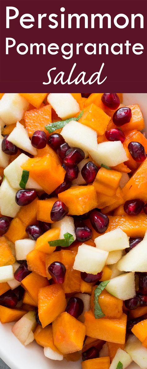 Persimmon salad with fuyu persimmons, pomegranate seeds, chopped apple, lemon, honey, and mint. Perfect fall salad! Persimmon Salad, Persimmon Recipes, Persimmon Fruit, Best Fruit Salad, Fruit Salad Recipe, Fall Salad, Diy Easy Recipes, Fruit Salad Easy, Pomegranate Salad