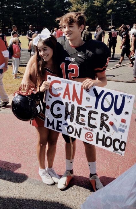 Hoco Asks Proposals Football, Hoco Poster Ideas For Cheerleaders, Football And Cheerleader Hoco Proposal, Cheerleader Hoco Proposals, Cheer Hoco Signs, Cheer Hoco Proposals, Hoco Boards, Prom Signs, Football Promposal