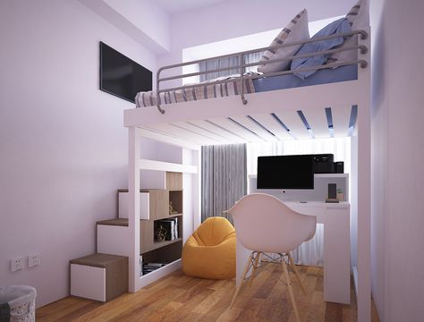 Loft Bed Studio, Loft Bed Dorm Room, Room Ideas Loft, Loft Bed Dorm, Loft Type Bedroom, Loft Bed Studio Apartment, Loft Beds For Kids, Lofted Dorm Beds, Loft Beds For Small Rooms