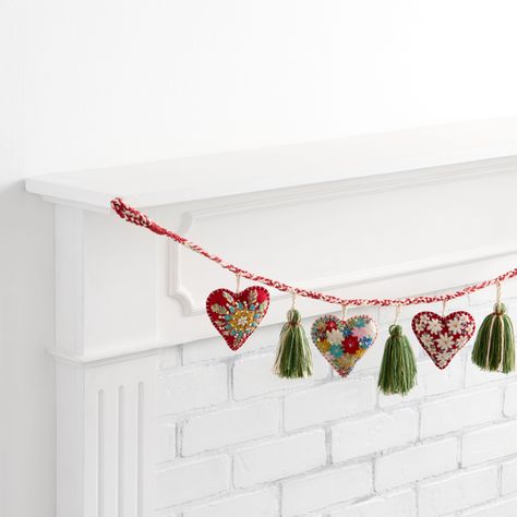 Fabric Embroidered Heart and Tassel Garland - World Market Valentines Garland, Trending Home Decor, Burr Basket, Valentine Garland, Rugs Outdoor, Fabric Garland, Fabric Hearts, Heart Garland, Wool Embroidery