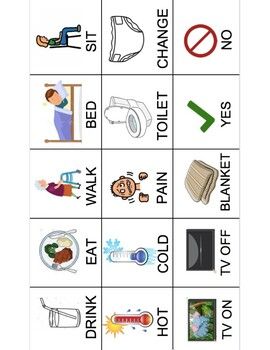 Simple and large-icon communication board for adults across medical settings. Communication Board For Adults, Communication Board For Nonverbal, Picture Exchange Communication System, Aba Therapy Activities, Communication Pictures, Pecs Pictures, Communication Boards, English Communication, Communication Cards